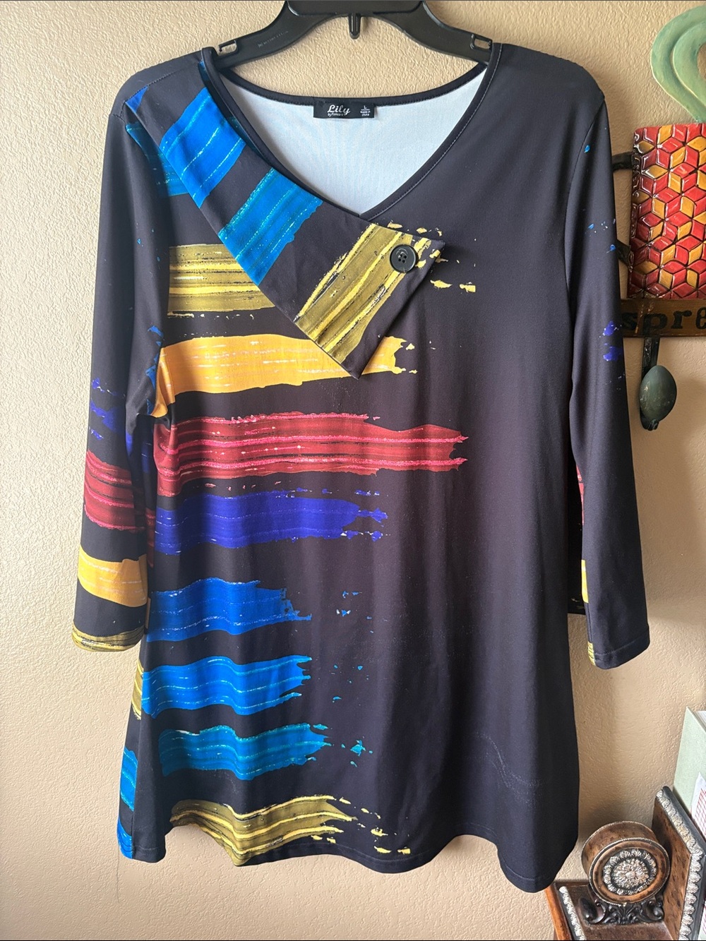 Lily Black Tunic with Multicolor Brushstroke Accents